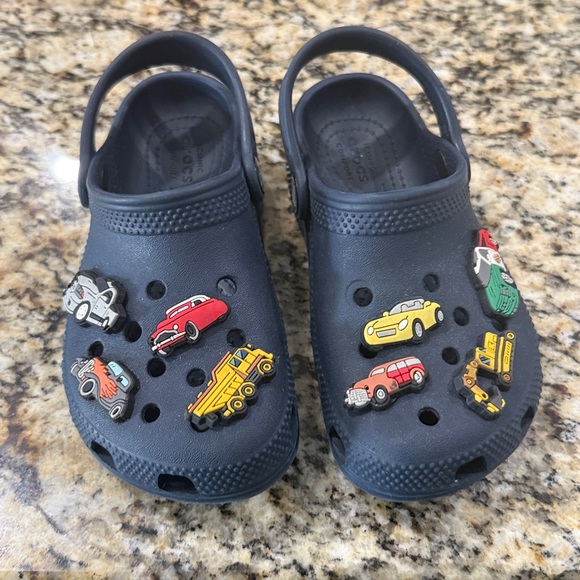 CROCS Navy Clogs with Colorful Vehicle Charms - Picture 10 of 13
